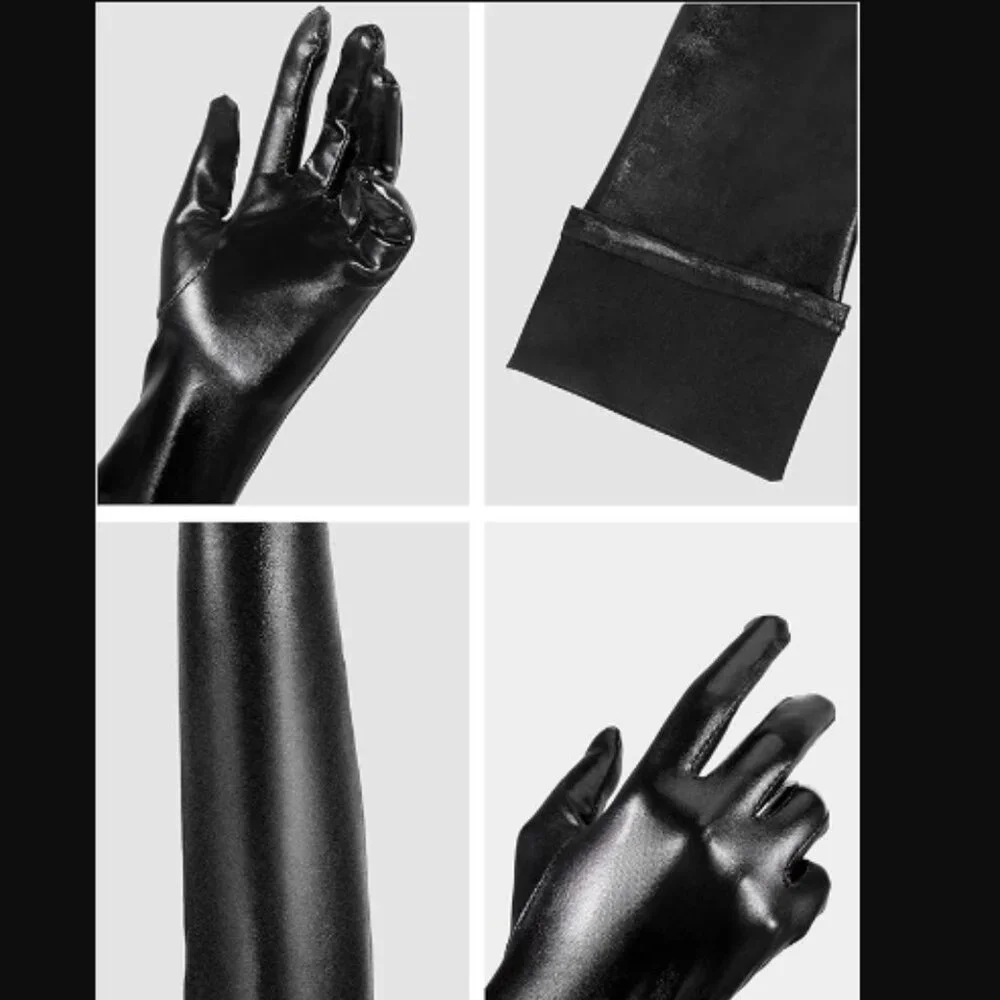Elastic Spandex Shiny Wet Long Gloves and Thigh High Stockings